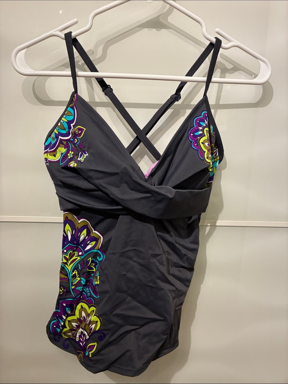 Athleta Gray Tankini top  with Colorful Floral Accents